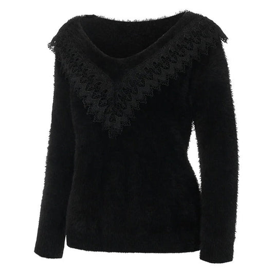 Women's Sweater – Slim Fit – Soft Knitted Texture – Lace V-neck – Long-sleeved