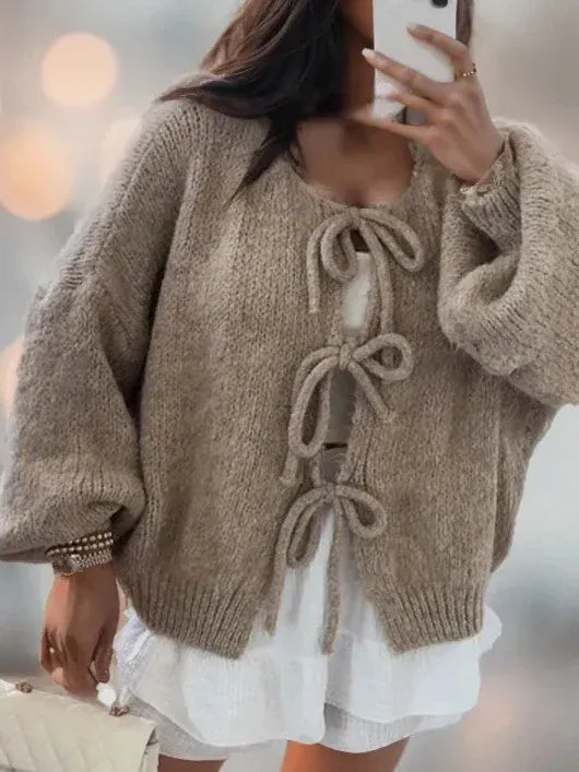 Women's Cardigan – Oversized Fit – Wool Knit – Balloon Sleeves – Tie Details