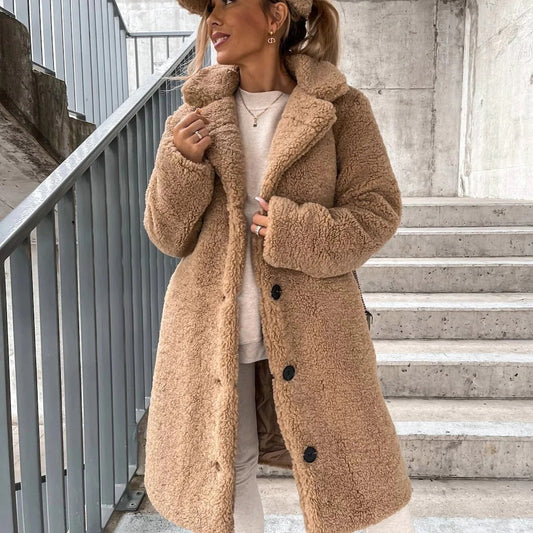 Women's Long Coat – Oversized Fit – Soft Faux Fur – Structured Collar – Large Buttons