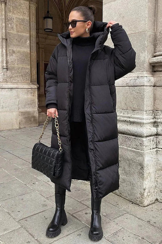 Women’s Puffer Coat - Synthetic - Oversized Fit - Longline - High Neck Hood