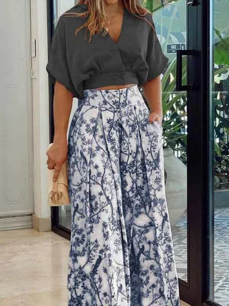 Women's Set – Relaxed Top with Dolman Sleeves – High-Waisted Wide Pants – Breathable Fabric