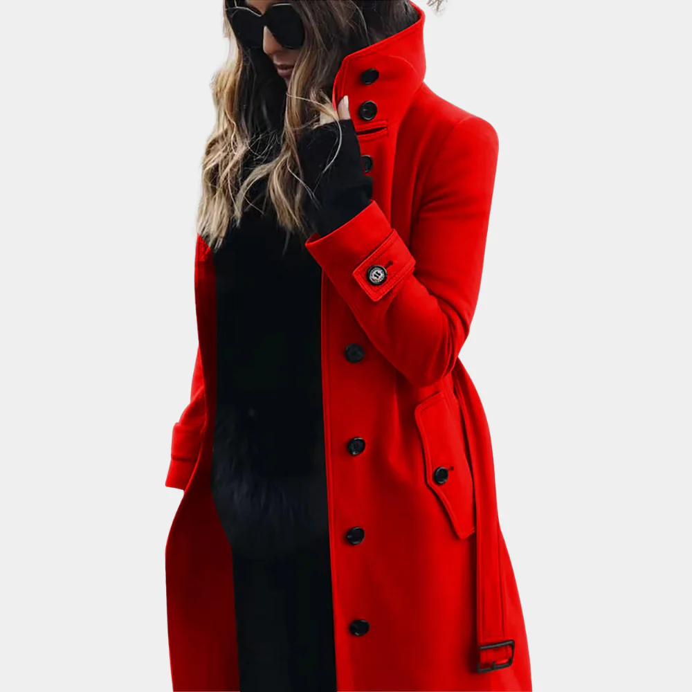 Women's Trench Coat – Tailored Fit – Wool Texture – Full Length – Belt at Waist
