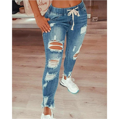 Women's Pants – Slim Fit – Denim Style – Ripped Design – Elastic Drawstring