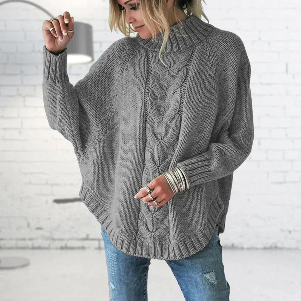 Women's Sweater – Wool – Oversized Fit – Roll Neck – Batwing Sleeves – Cable Knit