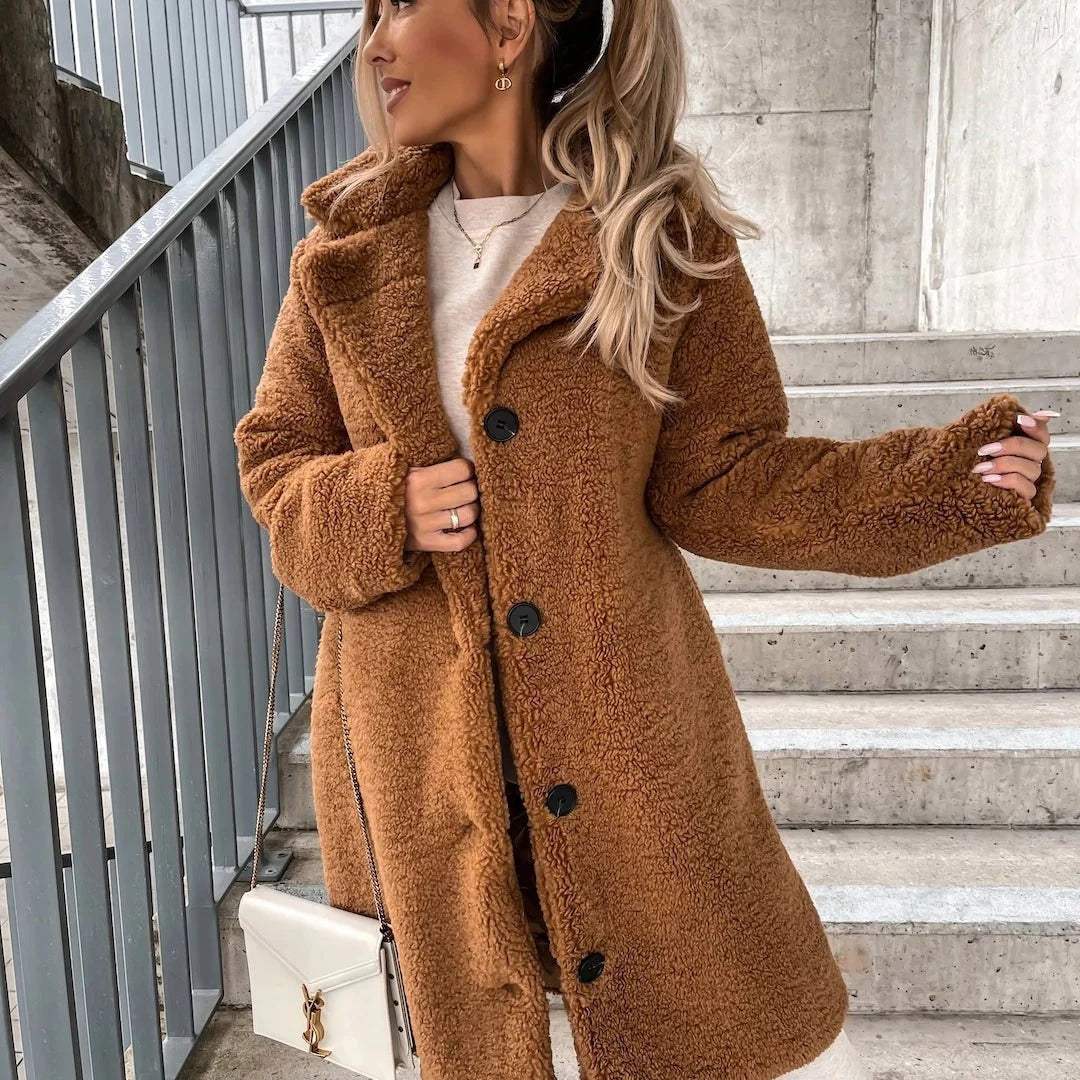 Women's Long Coat – Oversized Fit – Soft Faux Fur – Structured Collar – Large Buttons