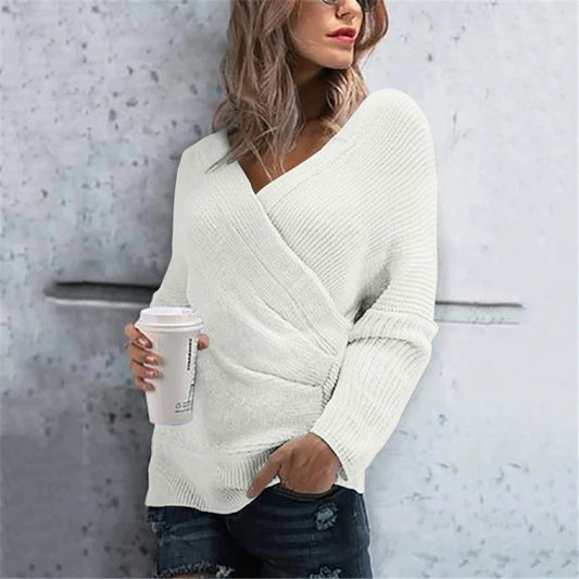 Women's Wrap Sweater – Textured Knit – V-neck – Relaxed Fit – Ribbed Details