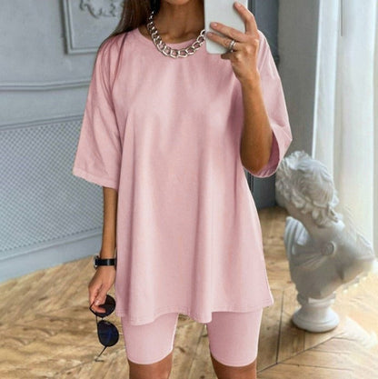 Women's Two-Piece Set – Oversized Tunic with Belt – Tight-Fitting Biker Shorts – Soft Cotton