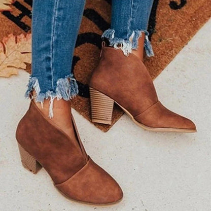 Women's Ankle Boots – Close Fit – Matte Finish – Block Heel – V-Neckline