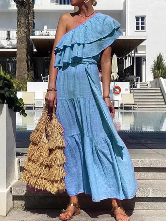 Women's Maxi Dress – One Shoulder – Ruffle Details – Tiered Skirt – Airy Cotton – Loose Fit