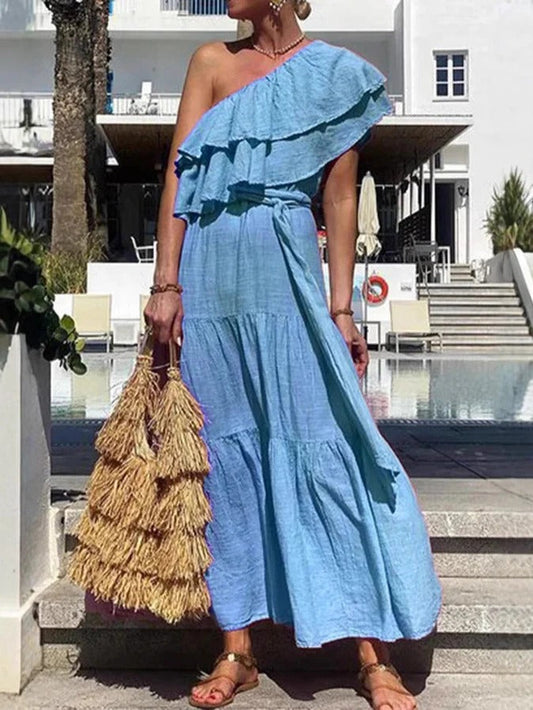 Women's Maxi Dress – One Shoulder – Ruffle Details – Tiered Skirt – Airy Cotton – Loose Fit
