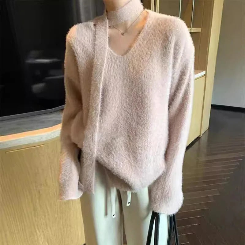 Women's Sweater – Oversized Fit – Wool Knit – Deep V-neck – Ribbon Detail