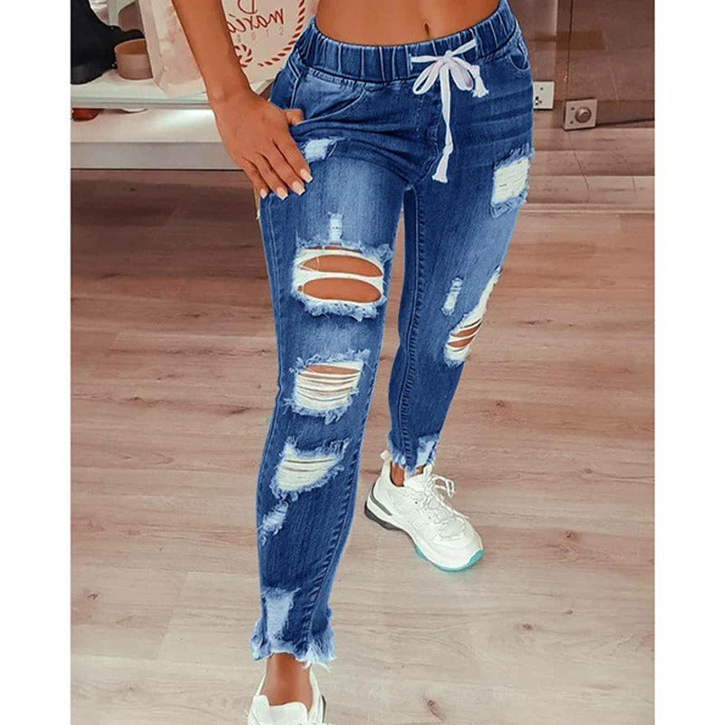 Women's Pants – Slim Fit – Denim Style – Ripped Design – Elastic Drawstring
