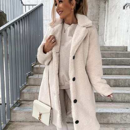 Women's Long Coat – Oversized Fit – Soft Faux Fur – Structured Collar – Large Buttons