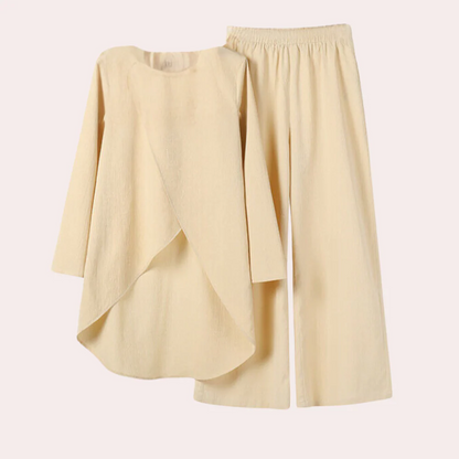 Women's Two-Piece Set – Asymmetric Long Sleeve Top – Wide Pants – Soft Cotton Feel