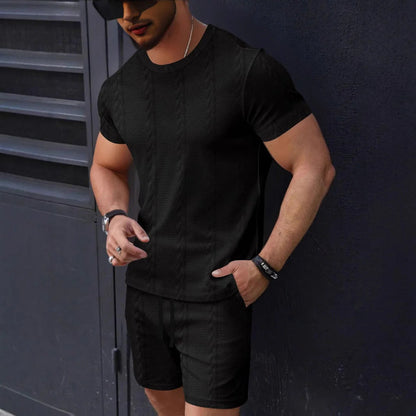 Men's Set with T-shirt and Shorts – Textured Knit – Regular Fit – Drawstring Waist