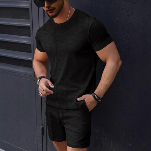 Men's Set with T-shirt and Shorts – Textured Knit – Regular Fit – Drawstring Waist