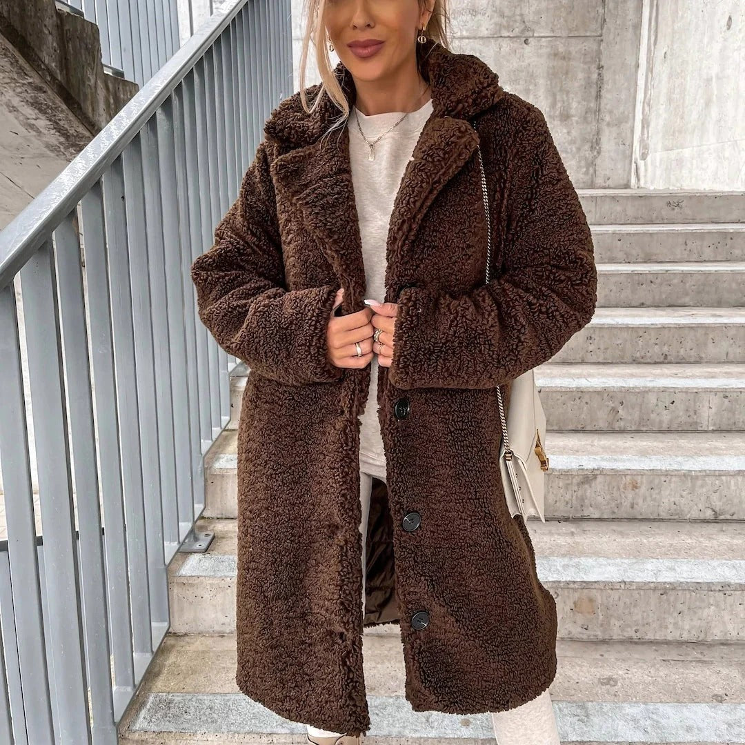 Women's Long Coat – Oversized Fit – Soft Faux Fur – Structured Collar – Large Buttons