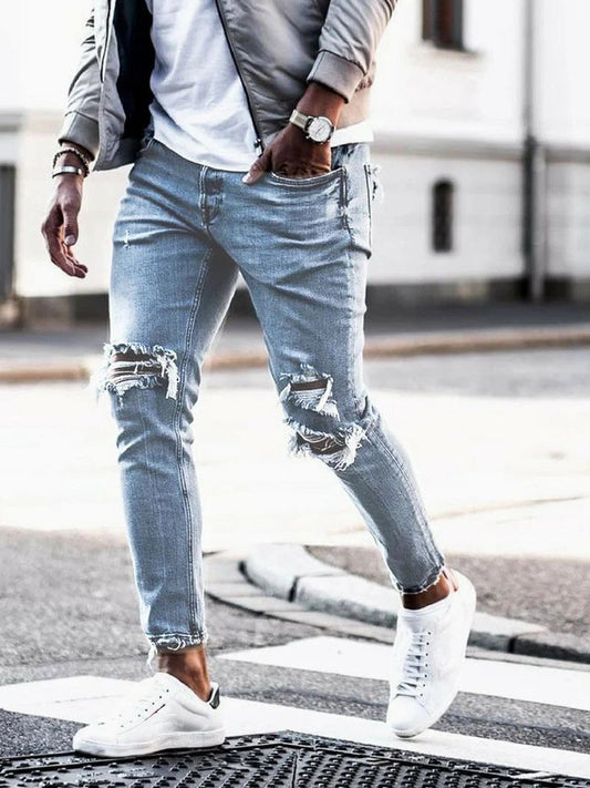 Men's Slim Fit Jeans – Tight Silhouette – Distressed Denim – Full Length Casual Style