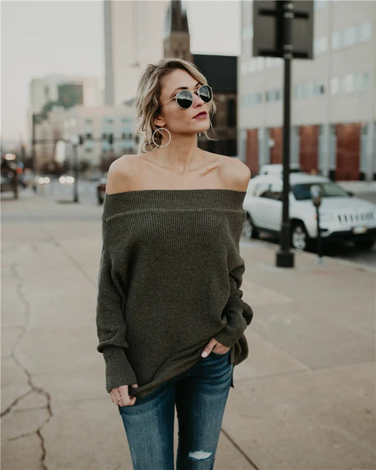 Women's Sweater – Off Shoulder – Oversized Fit – Knitted Wool Blend – Ribbed Edges