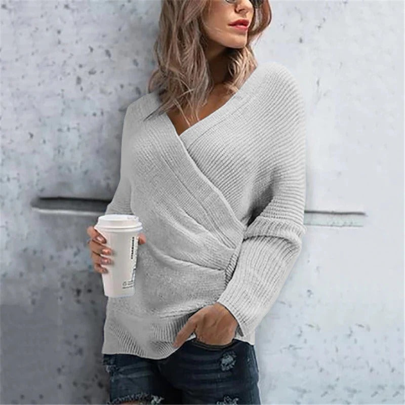 Women's Wrap Sweater – Textured Knit – V-neck – Relaxed Fit – Ribbed Details
