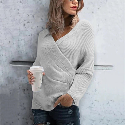 Women's Wrap Sweater – Textured Knit – V-neck – Relaxed Fit – Ribbed Details