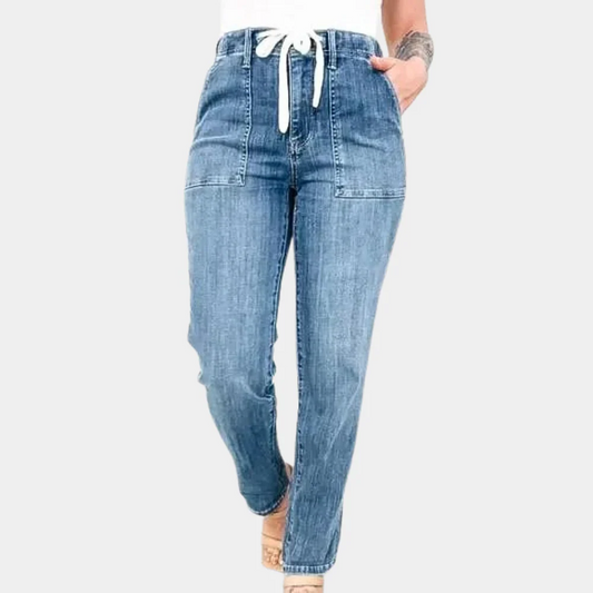Women's Pants – High Waist – Relaxed Fit – Cotton Denim – Drawstring Waist