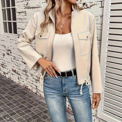 Women's Jacket – Imitation Leather – Relaxed Fit – Zipper – Button Pockets – Ribbed Hem