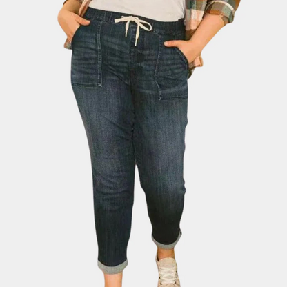 Women's Pants – High Waist – Relaxed Fit – Cotton Denim – Drawstring Waist