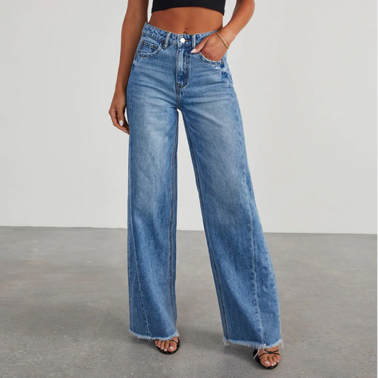 Women's Jeans – High Waist – Wide Legs – Frayed Hem – Relaxed Fit Denim