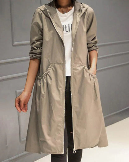 Women's Trench Coat – Waterproof Fabric – Relaxed Fit – Full Length with Hood