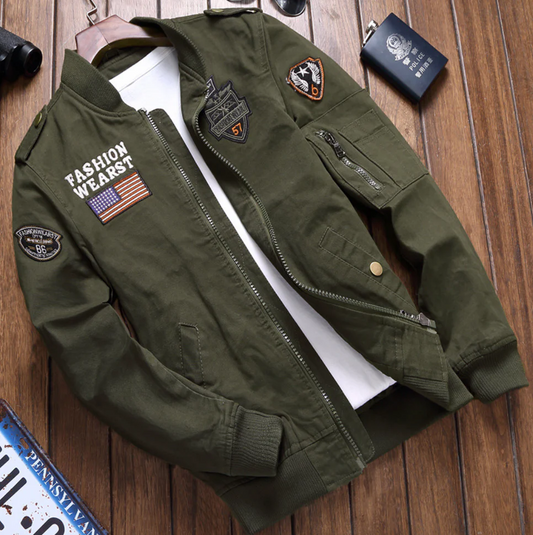 Men's Military Jacket – Structured Fit – Embroidered Details – Zipper Closure