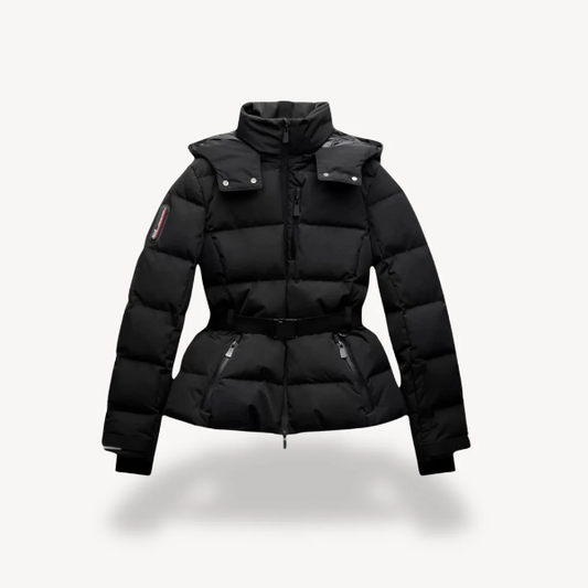 Women’s Puffer Jacket - Quilted Shell - Hip Length - Belted Waist - Stand Collar