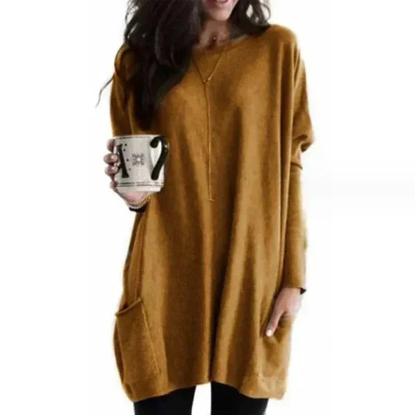 Women's Tunic Sweater – Oversized Fit – Soft Knit – Side Pocket – Dropped Shoulders