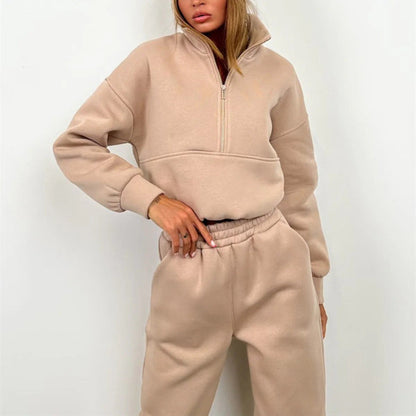 Women's Tracksuit – Relaxed Fit – High Neck Zipper – Elastic Waist – Cotton Blend