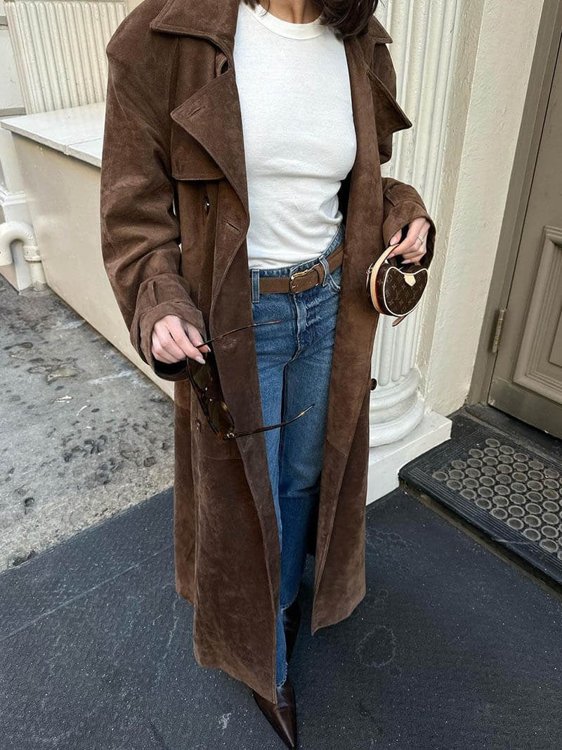 Women's Trench Coat – Relaxed Fit – Suede Texture – Double-Breasted with Belt
