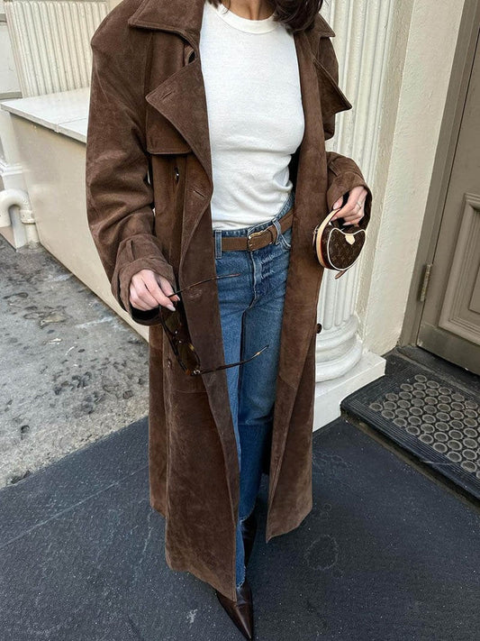 Women's Trench Coat – Relaxed Fit – Suede Texture – Double-Breasted with Belt