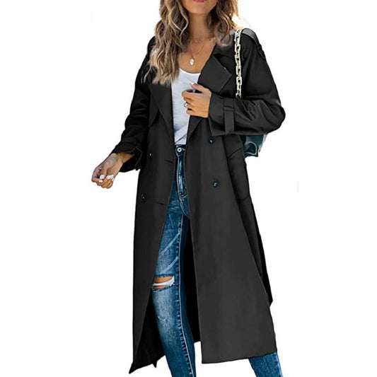 Women's Trench Coat – Long Fit – Belt at Waist – Double-Breasted – Classic Style