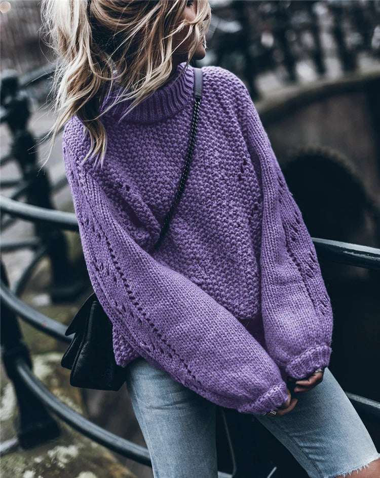 Women's Sweater – Oversized Fit – Chunky Knit – High Neck with Eyelet Pattern