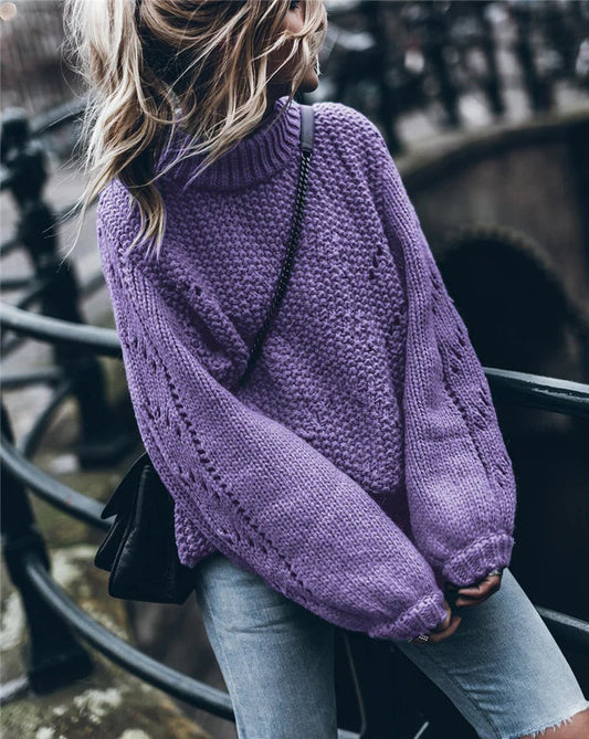 Women's Sweater – Oversized Fit – Chunky Knit – High Neck with Eyelet Pattern