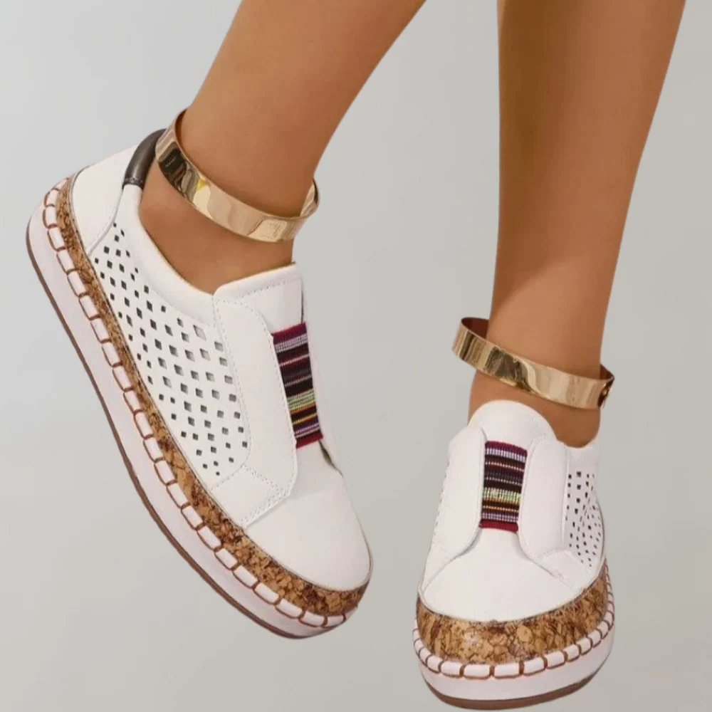 Women's Loafers – Slip-on Comfort – Perforated Upper – Elastic Bands – Cushioned Sole