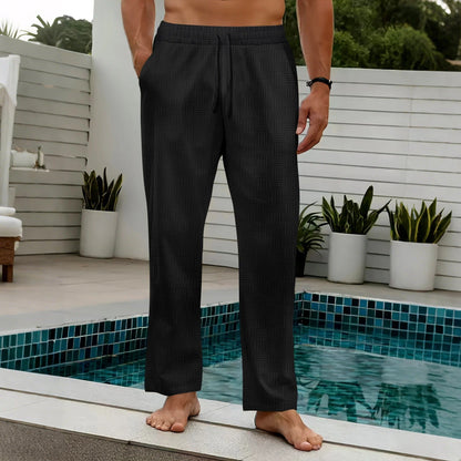 Men's Pants – Relaxed Fit – Textured Fabric – Elastic Waist with Drawstring – Full Length