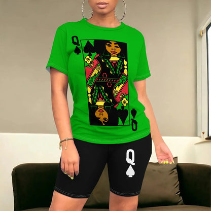 Women's Set with T-shirt and Shorts – Relaxed Fit – Artistic Print – Cotton