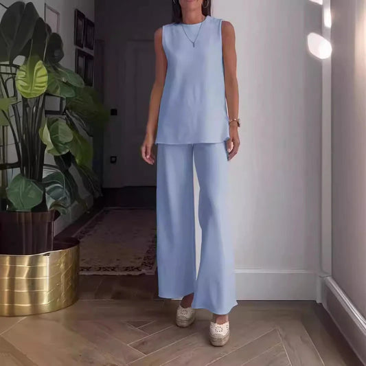Women's Set with Sleeveless Blouse and Wide Pants – Relaxed Fit – Soft Cotton Blend