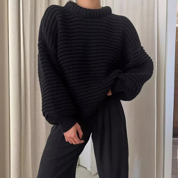 Women's Knitted Sweater – Oversized Fit – High Collar – Ribbed Knit – Wool Blend
