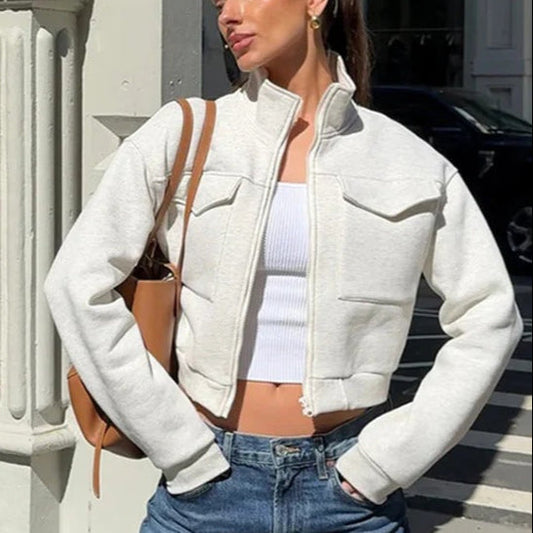 Women's Utility Jacket – Short Fit – High Collar – Flap Pockets – Structured Silhouette