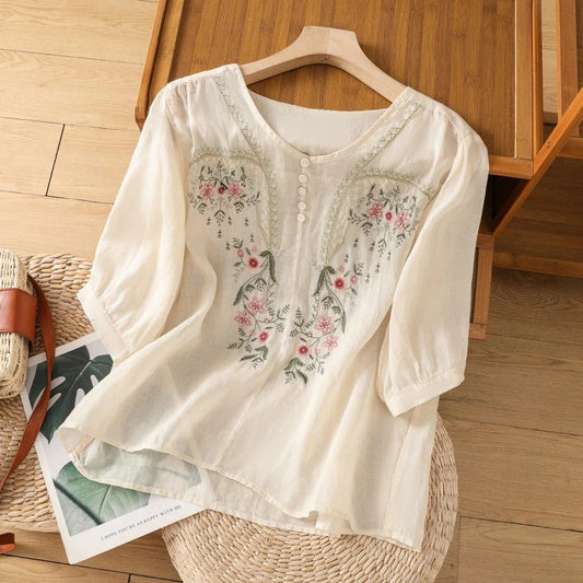 Women's Blouse – Relaxed Fit – Cotton Feel – Floral Embroidery – 3/4 Sleeves – Button Neck