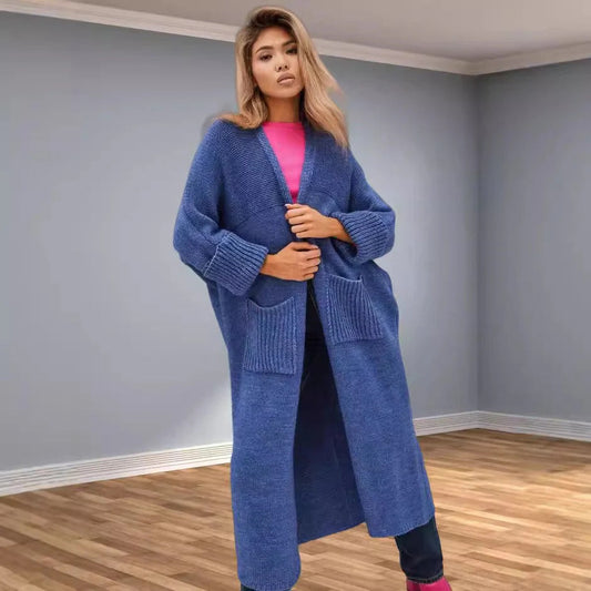 Women's knitted coat – oversized fit – chunky knit – V-neck with pockets