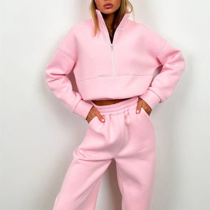 Women's Tracksuit – Relaxed Fit – High Neck Zipper – Elastic Waist – Cotton Blend