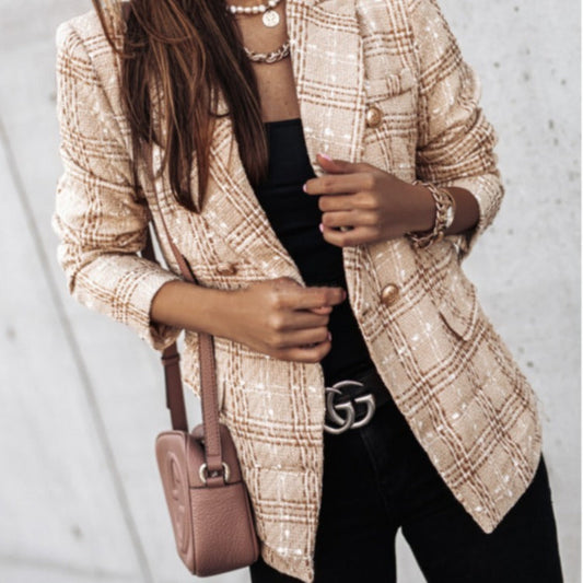 Women's Blazer – Tailored Fit – Double-Breasted – Woven Pattern – Puff Shoulders