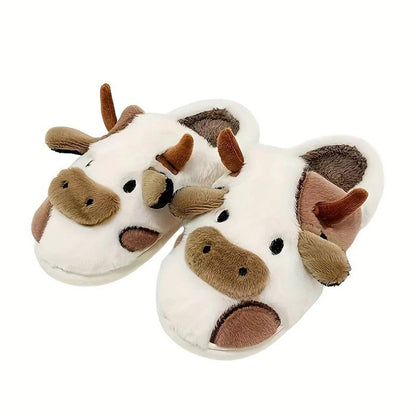 Women's Slippers – Full Coverage – Plush Faux Fur – 3D Cow Design – Indoor Comfort